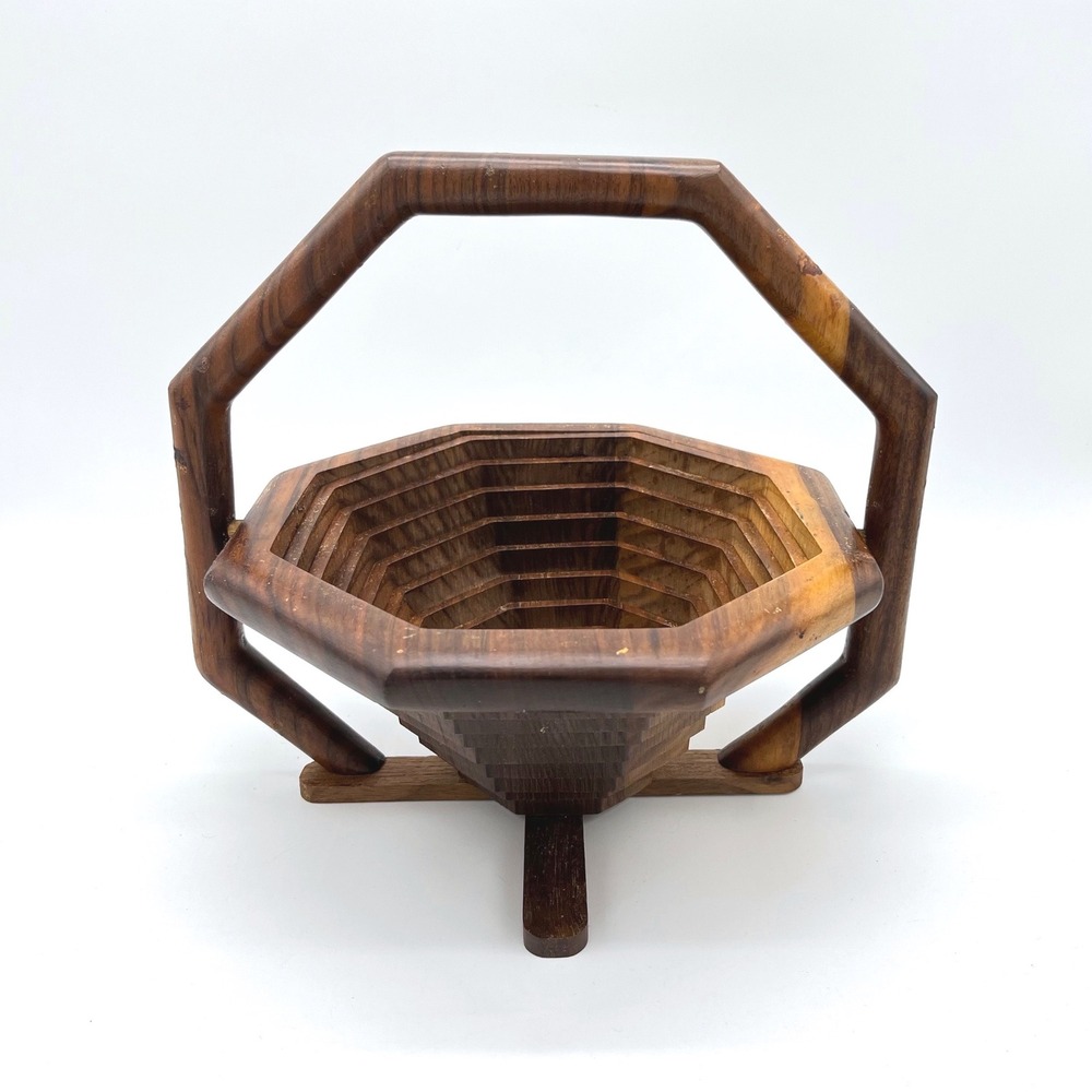Vintage Wooden Accordion Fruit Basket Hexagonal Foldable Serving‎ Tray Handle